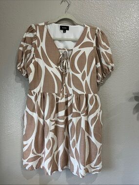 MSK Women’s Cream & Tan Abstract Tie-Front Mini Dress Sz S Pockets Summer Casual